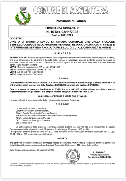 Chiusura strada di collegamento alla frazione FERRERE dal 04 novembre 2025