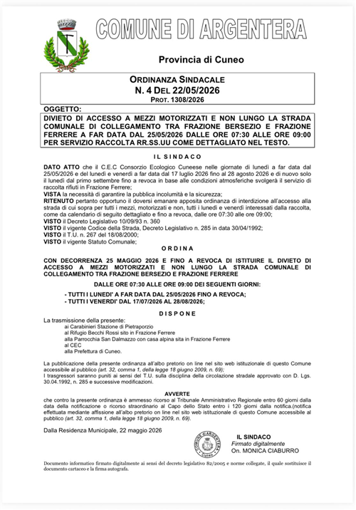 Strada di collegamento frazione FERRERE apertura dal 23/05/2026