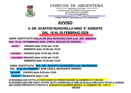 Avviso assenza Dottor Scaffidi Runchella Nino  dal  16 al 20 febbraio 2026

