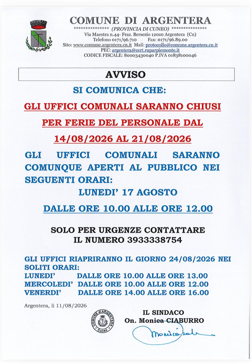 Avviso chiusura uffici comunali dal 14/08/2026 al 21/08/2026