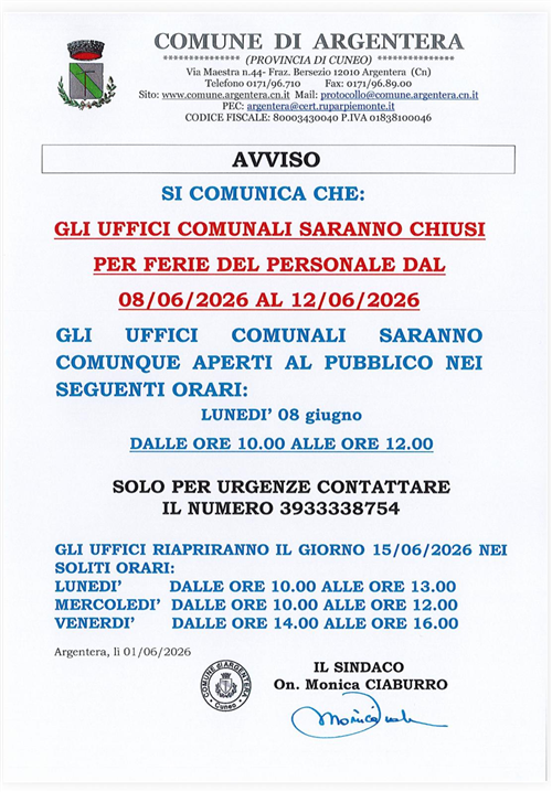 Chiusura uffici comunali dal 08 al 12 giugno 2026