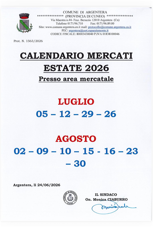 Calendario mercati estivi 2026