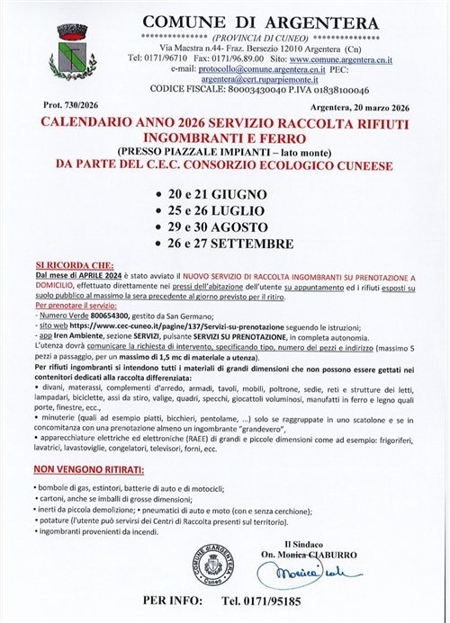 Calendario anno 2026 servizio raccolta rifiuti ingombranti e ferro