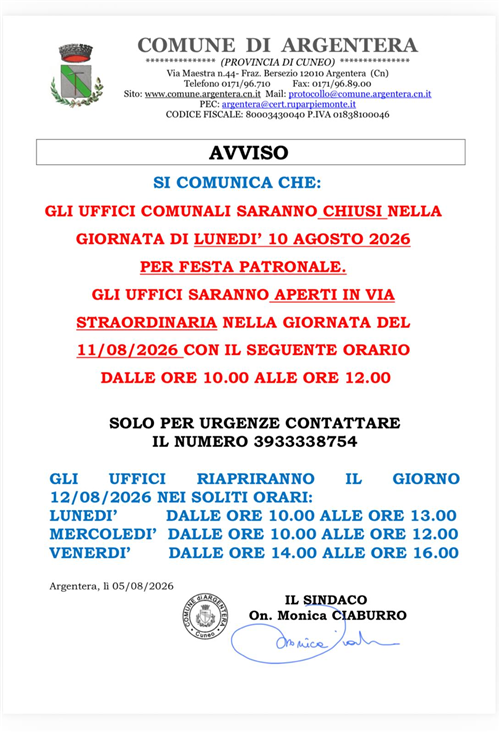 Avviso chiusura uffici comunali 10 agosto 2026
