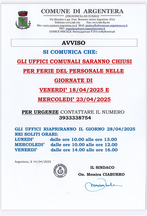 Avviso chiusura uffici comunali