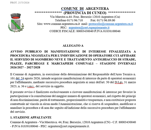 Avviso pubblico di manifestazione di interesse finalizzata a procedura negoziata per l'individuazione di operatore cui affidare il servizio di sgombero neve e trattamento antighiaccio di strade, piazze, parcheggi e marciapiedi comunali â€“ stagioni invernali 2026/2027 â€“ 2027/2028